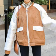 Korean winter loose lamb wool suede stitching color Baseball Jacket short casual coat female students F Camel