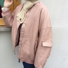 South Korea ulzzang loose thick wallet grams BF PU leather cotton cardigan winter coat leather female Harajuku 2XL recommends 140 to 160 pounds Pink [cotton free] [interior]
