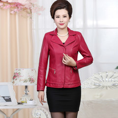 The middle-aged ladies leather coat short PU leather jacket elderly women aged 30-40-50 in the autumn loaded mother dress Large code XL Rose red