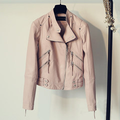 In the autumn of 2017 New Europe motorcycle leather short slim female leather jacket leather dress collar jacket S Pink