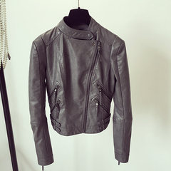 In the autumn of 2017 New Europe motorcycle leather short slim female leather jacket leather dress collar jacket S To the dark grey