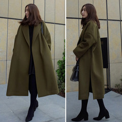 2017 new Korean large size women winter wool coat was thin with loose long fat mm woolen coat Single payment belt black
