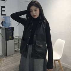 Autumn Korean slim slim all-match thin PU Leather Ladies vest sleeveless jacket collar small locomotive students F black