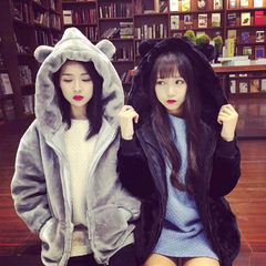 Autumn Korean cute bear plush rabbit ears hooded faux fur coat thick long sleeved sweater student girl S Thin coffee