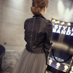 The spring and Autumn New Korean Ladies Leather Black Motorcycle Jacket Coat short jacket lapel small leather female tide S black
