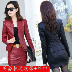 Spring and autumn and 2017 new Korean female leather all-match small coat short slim slim leather leather skirt suit two 3XL With cotton piece leather Bordeaux (send scarves)