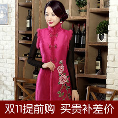 2017 new autumn and winter in the long section of Ms. Tang suit vest improved cotton vest jacket coat embroidered cheongsam L green