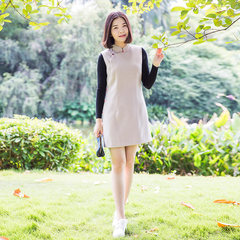 The full autumn folk style warm woolen vest skirt improved temperament cheongsam retro dress all-match S Dark grey