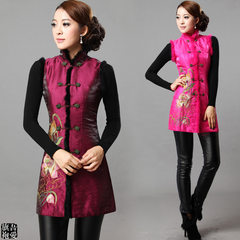 Lotus embroidery cotton winter coat dress new autumn and winter Chinese lady costume Quilted Vest vest M (spot) Rose red