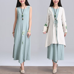 2017 new summer dress single Chinese wind hand-painted art RETRO print dress cotton sleeveless vest skirt M Green single skirt