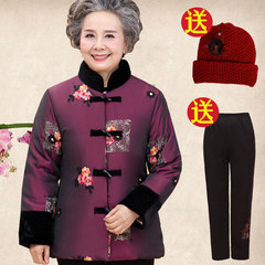Grandma put in elderly women's winter coat suit winter coat winter costume old lady clothes 2XL (95-120 Jin) Purple red suit (cotton pants + + HAT)