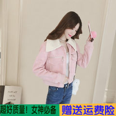 Autumn style new 2017bf wind thickening hair collar suede coat short sleeve long Korean women's slim and suede jacket S Pink