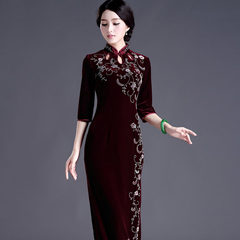 Velvet cheongsam manual nail bead long sleeved dress in old mother costume dress self improvement M, please measure the size of the waist, choose the size [plum blossom] red in the sleeve - short paragraph