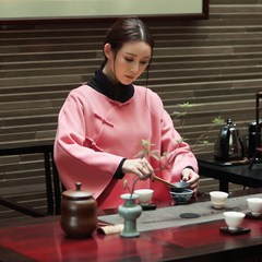 The 2017 Winter Classic Chinese Zen wool coat, modified Hanfu Tangzhuang Qipao Zen tea clothing female F Pink