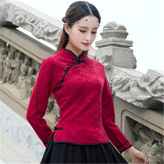 Chinese folk style improved cheongsam Tang suit jacket surplice collar jacquard cotton long sleeved shirt Chinese tea clothing 3XL Claret
