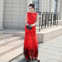The new luxury elegant ladies temperament really ostrich feather long dress skirt dress dinner cocktail dress S white