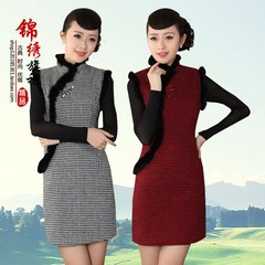 Autumn and winter in new and improved cheongsam dress costume dress wool fur collar Vintage slim slim dress skirt backing S Lace Y0023
