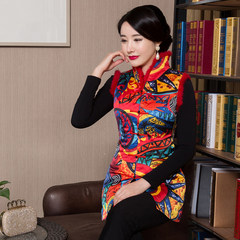 Chinese cotton padded coat lady winter costume cheongsam 2017 new folk style women's cotton vest vest XXXL gules