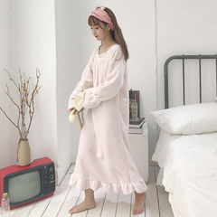 New winter sweet Korean flannel long pajamas nightdress thickened flounce dress female students F Light pink