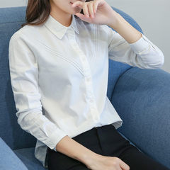 Korean female cotton white shirt sleeved polo dress smock frock all-match occupation white shirt female ol S Three bars [white]