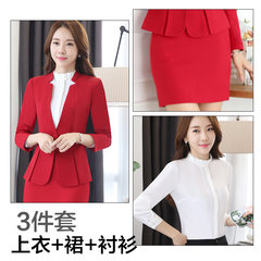 New winter dress suit OL occupation suit pants suit dress frock overalls three piece S Red coat + red skirt + white shirt