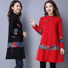 2017 folk style winter cotton Chinese wind, Chinese New Retro jacquard double coat dress costume M gules