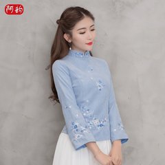 The women's clothing Chinese wind tea retro style cheongsam Chinese costume Hanfu jacket modified long sleeved tea service M White blouse + black chiffon skirt