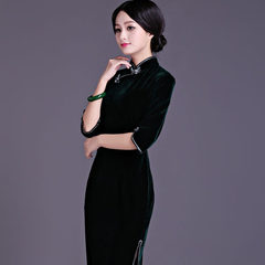 Winter wedding banquet improved cheongsam dress in a middle-aged mother sleeve daily retro high-grade costume velvet S Purple long paragraph