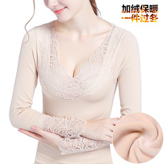 Female underwear with lace collar cashmere winter tight body V shirt sleeved autumn clothing piece jacket F Skin colour