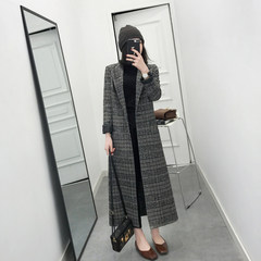 2017 autumn new suit collar button plaid jacket overcoat Houndstooth long windbreaker female tide S houndstooth