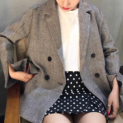 Hitz Korean chic fashion Lapel double breasted Plaid Vintage all-match long sleeved Blazer female students F Brown Plaid