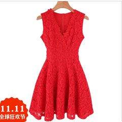 Fall fashion lace sleeveless dress a red dress female Wedding Suit slim skirt vest primer S gules
