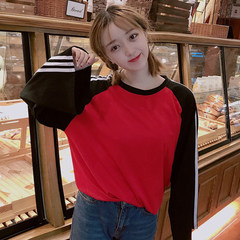 Autumn dress Korean loose striped long sleeved T-shirt sleeve jacket wind source couple shirt students M Black tea.