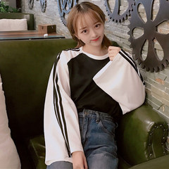 Autumn dress Korean loose striped long sleeved T-shirt sleeve jacket wind source couple shirt students M Black sleeves and white sleeves
