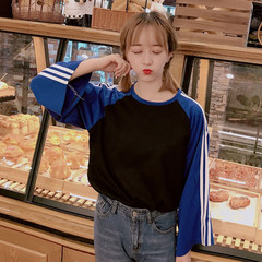 Autumn dress Korean loose striped long sleeved T-shirt sleeve jacket wind source couple shirt students M Black sleeve blue