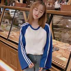 Autumn dress Korean loose striped long sleeved T-shirt sleeve jacket wind source couple shirt students M White clothes Xiulan