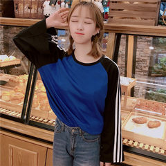 Autumn dress Korean loose striped long sleeved T-shirt sleeve jacket wind source couple shirt students M Coat blue Sleeve Black
