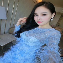 2016 new fashion feather ball dinner party, birthday party dress, self cultivation short vest vest dress S blue