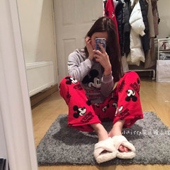 The autumn winter new cartoon thickening Coral Fleece Pajamas female flannel suit can wear long sleeved clothes Home Furnishing 3XL 910 gray red pants Mickey suit (spot)
