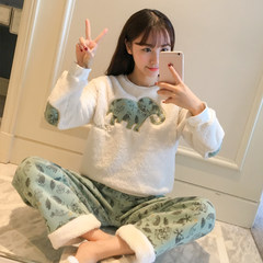 The autumn winter pajamas female Korean students fresh sleeve head coral fleece plus velvet clothing cotton flannel suit Home Furnishing thickening L 702 bears with hat grey