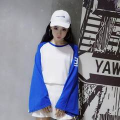 South Korea ulzzang Harajuku Japanese women couples dress loose and long sleeve T-shirt printing wind female class service M White and blue
