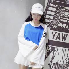 South Korea ulzzang Harajuku Japanese women couples dress loose and long sleeve T-shirt printing wind female class service M Blue and white