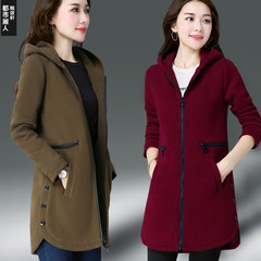 Mom hooded zipper cashmere sweater with 2017 new loose in the long section of middle-aged women's winter coat thickening 3XL Army green plus velvet