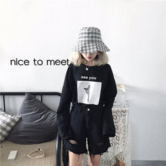 Korean girl loose thin Xiang winter coat all-match stamp student couples leisure long sleeved T-shirt girl F black