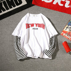 South Korea ulzzang Harajuku wind letter loose striped off two splicing T-shirt lovers of male and female students long tide 3XL W501- white