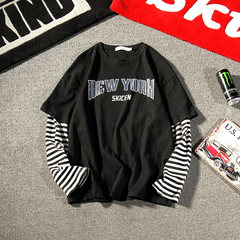 South Korea ulzzang Harajuku wind letter loose striped off two splicing T-shirt lovers of male and female students long tide 3XL W501- black