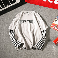 South Korea ulzzang Harajuku wind letter loose striped off two splicing T-shirt lovers of male and female students long tide 3XL W501- grey (regular)