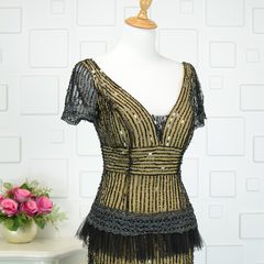 Special! Gucci dress gauze Hand Beaded retro short sleeved vest dress chaired the evening show female S black