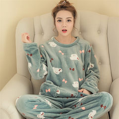 Autumn and winter lovely Korean velvet flannel flannel fashion cartoon pajamas, women's long sleeve suit L code Gray Scarf Bear