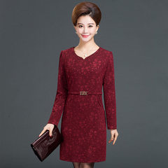 Mid aged women's dress, spring and autumn long sleeve dress, 40-50 year old middle-aged mother in autumn dress, long large skirt Freight insurance - shopping without worries Claret